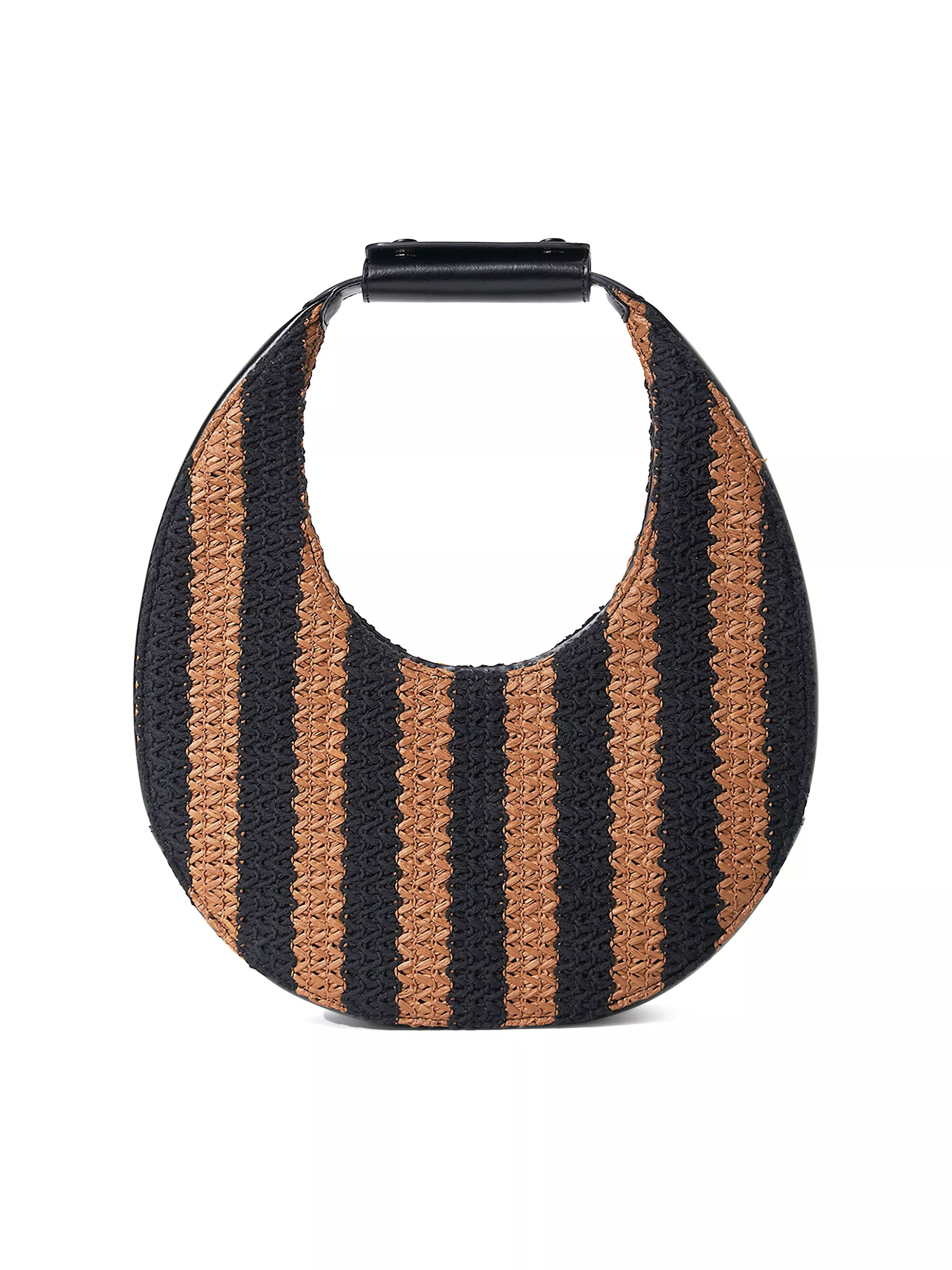 Shop Staud Moon Leather-Trimmed Striped Woven Tote Bag | Saks Fifth Avenue | Saks Fifth Avenue