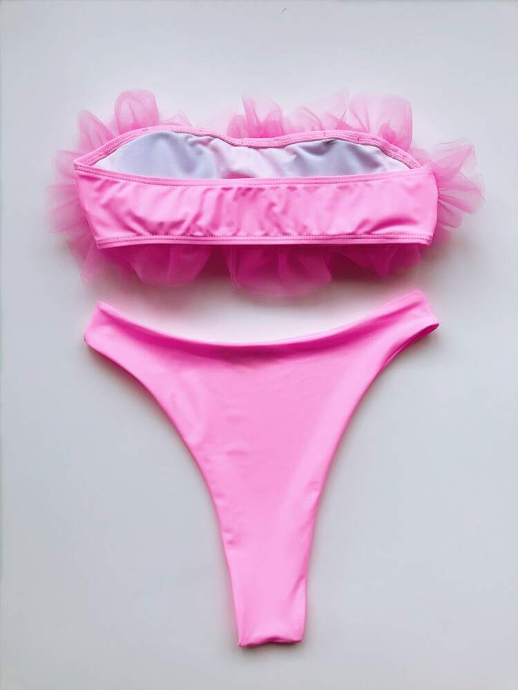 Contrast Mesh Bandeau High Cut Bikini Swimsuit | SHEIN