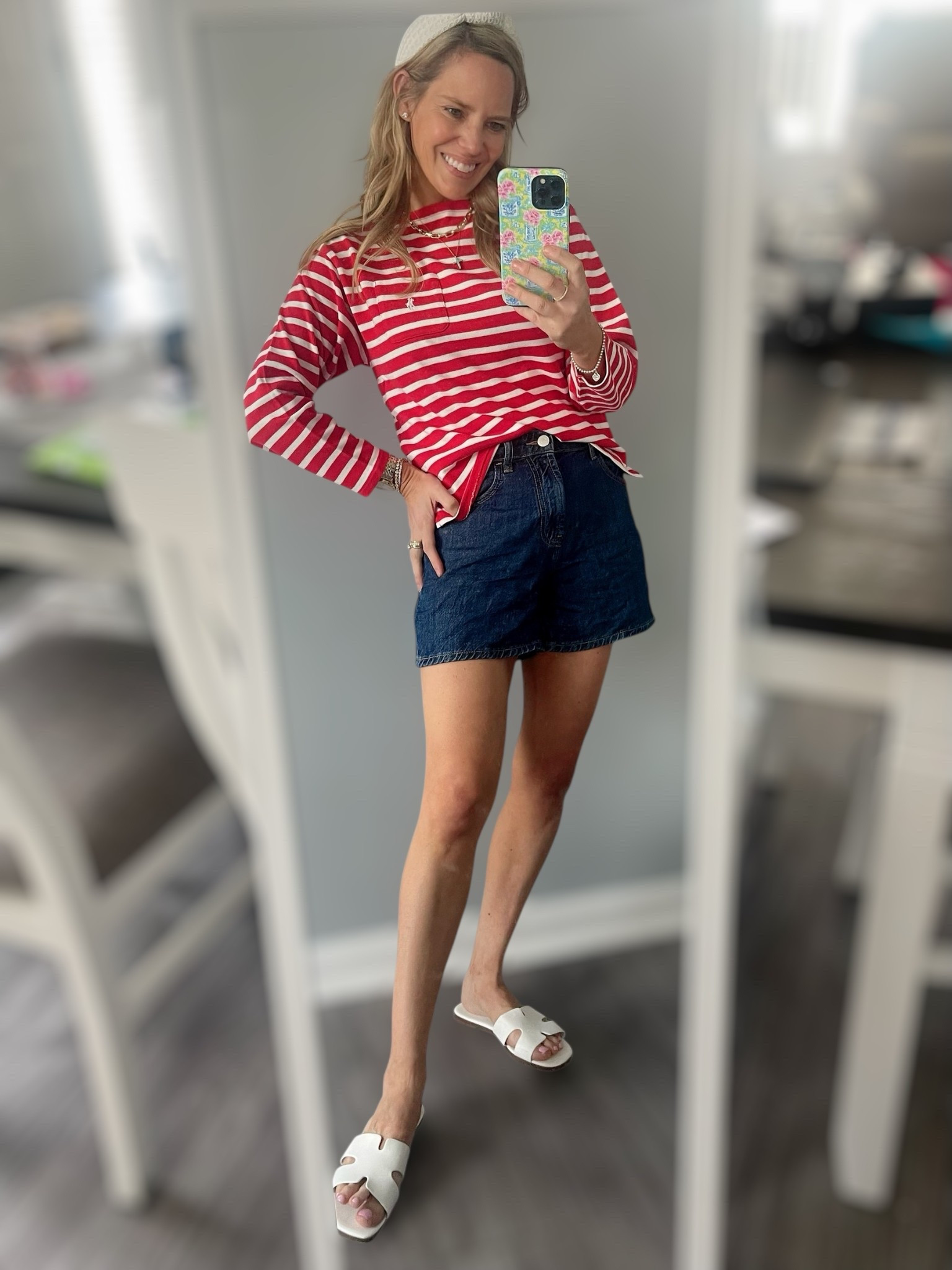 PREPPYREBEL for 10% off Melinda Maria jewelry!
Serving classic coastal vibes in this all-American summer look! This red-and-white striped long sleeve is an instant closet staple—easy, breezy, and perfect for beach nights, boat days, or backyard barbecues. I paired it with high-waisted denim shorts (sized up to a 26 for a comfy, relaxed fit) and white slide sandals for an effortless weekend look.

Topped it all off with a woven headband and Melinda Maria gold layers to keep things chic with a hint of glam.

Outfit Details:
• Red + white striped long sleeve top ❤️🤍
• High-waisted denim shorts (wearing a size 26)
• White cutout slide sandals 👡
• Woven headband
• Gold jewelry stack from Melinda Maria — use code PREPPYREBEL for 10% off! ✨

striped long sleeve top, 4th of July outfit, coastal grandmother outfit, high rise denim shorts, white sandals, Melinda Maria code, red white and blue outfit

#LTKFindsUnder100 #LTKOver40 #LTKFindsUnder50