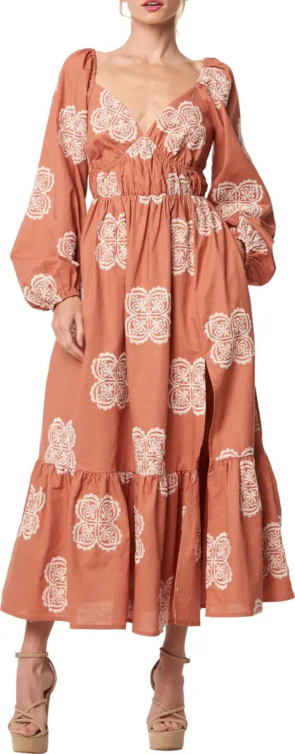 Serbita Medallion Embroidery Long Sleeve Cotton & Linen Midi Dress | Nordstrom