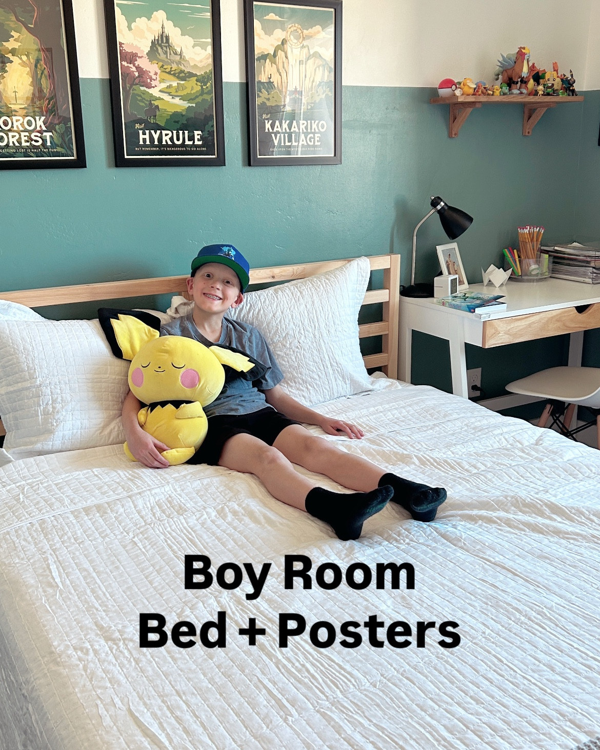 We upgraded James to a Queen Bed and loved this classic
Wood frame and base! (We will use his room as an additional guest room:) He loves Zelda and wanted some art in his room and we couldn’t resist this trio! These poster frames don’t have glass in them so we feel safe in case they get knocked down! 

#LTKKids #LTKHome