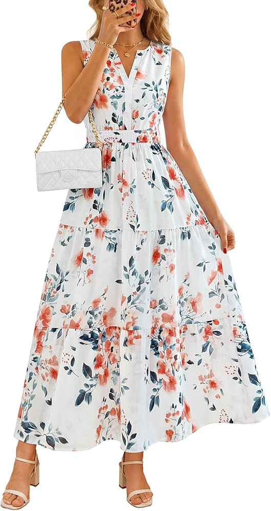 ZESICA Women's Summer Boho Floral Sleeveless Midi Dress 2026 V Neck Elastic High Waist Flowy Casu... | Amazon (US)