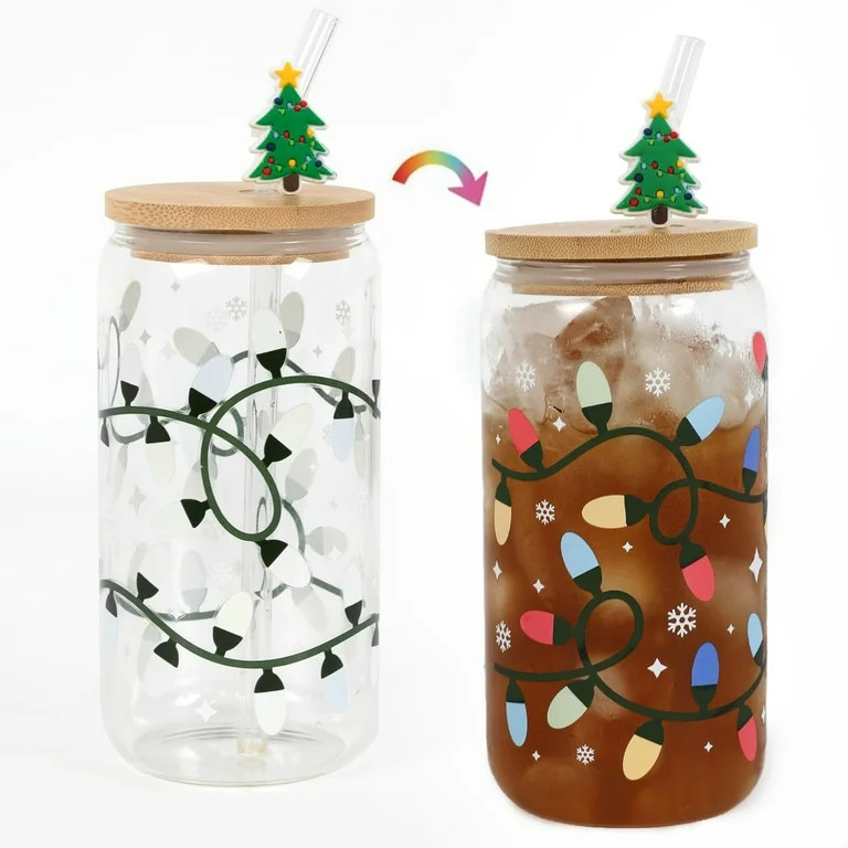 Color Changing Christmas Cup,16oz Cute Holiday Iced Coffee Glasses with Bamboo Leakproof Lid,Glas... | Walmart (US)