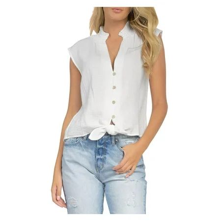 Elan Womens Tie Front Gauze Button-Down Top White L | Walmart (US)