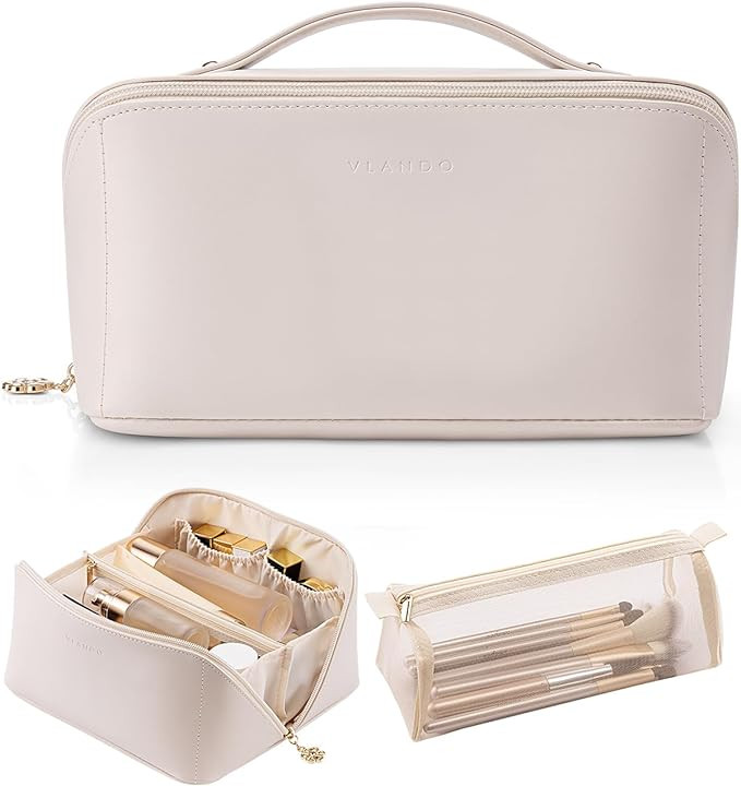Vlando Travel Cosmetic Bag - Makeup Bag, PU Leather Waterproof Make up Bag, Wedding Anniversary C... | Amazon (US)