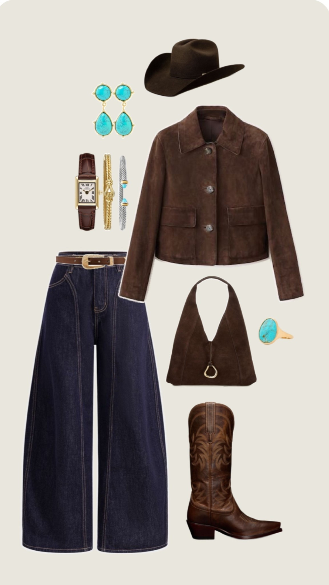 Western chic outfit, dark denim barrel jeans, suede brown jacket, brown Tecovas boots, cowboy hat, cowgirl style, western outfit, rodeo outfit idea, chocolate brown style, cowboy boot outfit 