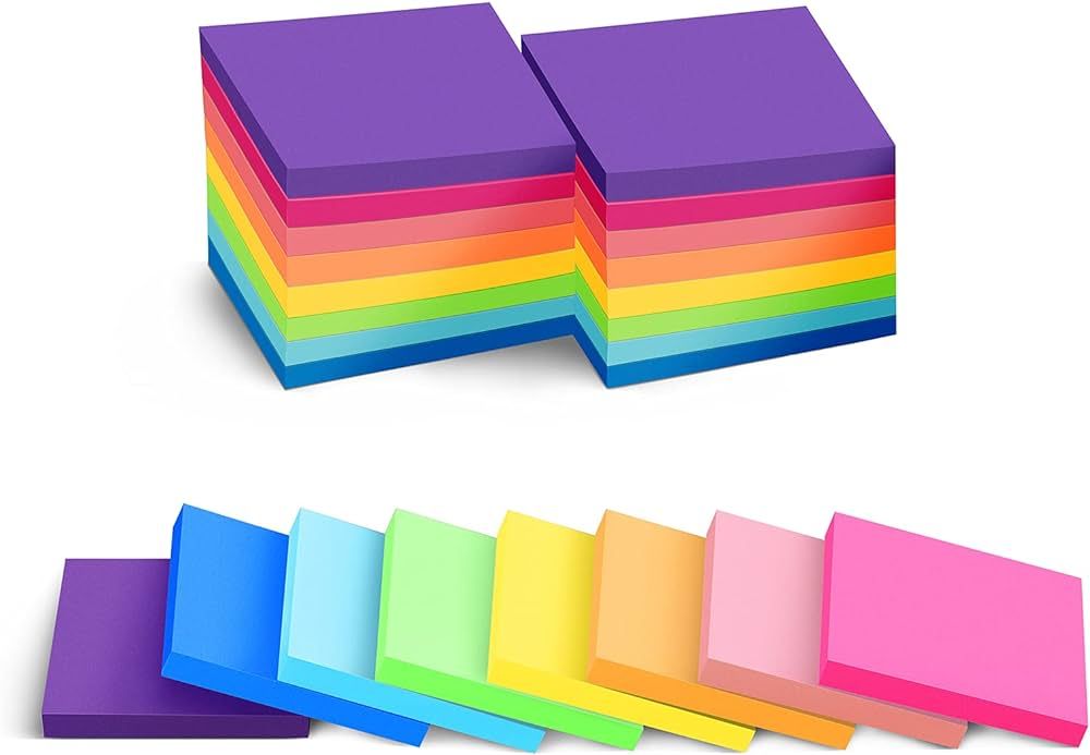 (24 Pack)3x3 Sticky Notes Bright Stickies Colorful Super Sticking Power Memo Pads, 8 Colors, Stro... | Amazon (US)