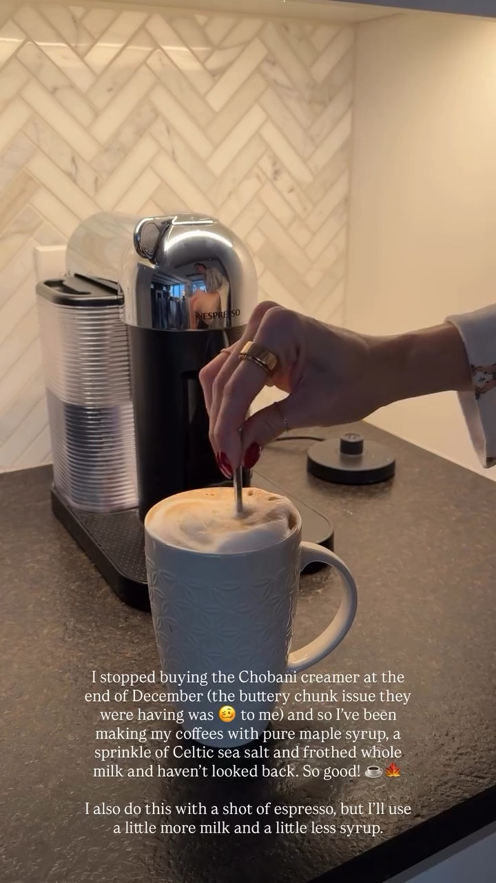 I stopped buying the Chobani creamer at the end of December (the buttery chunk issue they were having was 🥴 to me) and so I’ve been making my coffees with pure maple syrup, a sprinkle of Celtic sea salt and frothed whole milk and haven’t looked back. So good! ☕️🍁

I also do this with a shot of espresso, but I’ll use a little more milk and a little less syrup.
