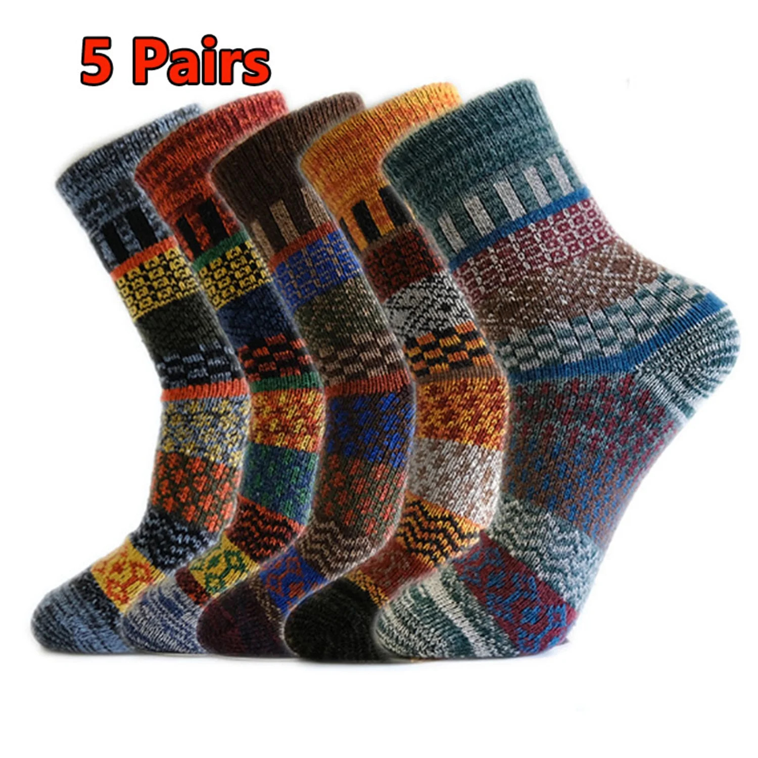 5 Pairs Unisex Autumn and Winter Warm Wool Socks Vertical Bar Thickened National Style Socks Mid-... | Walmart (US)