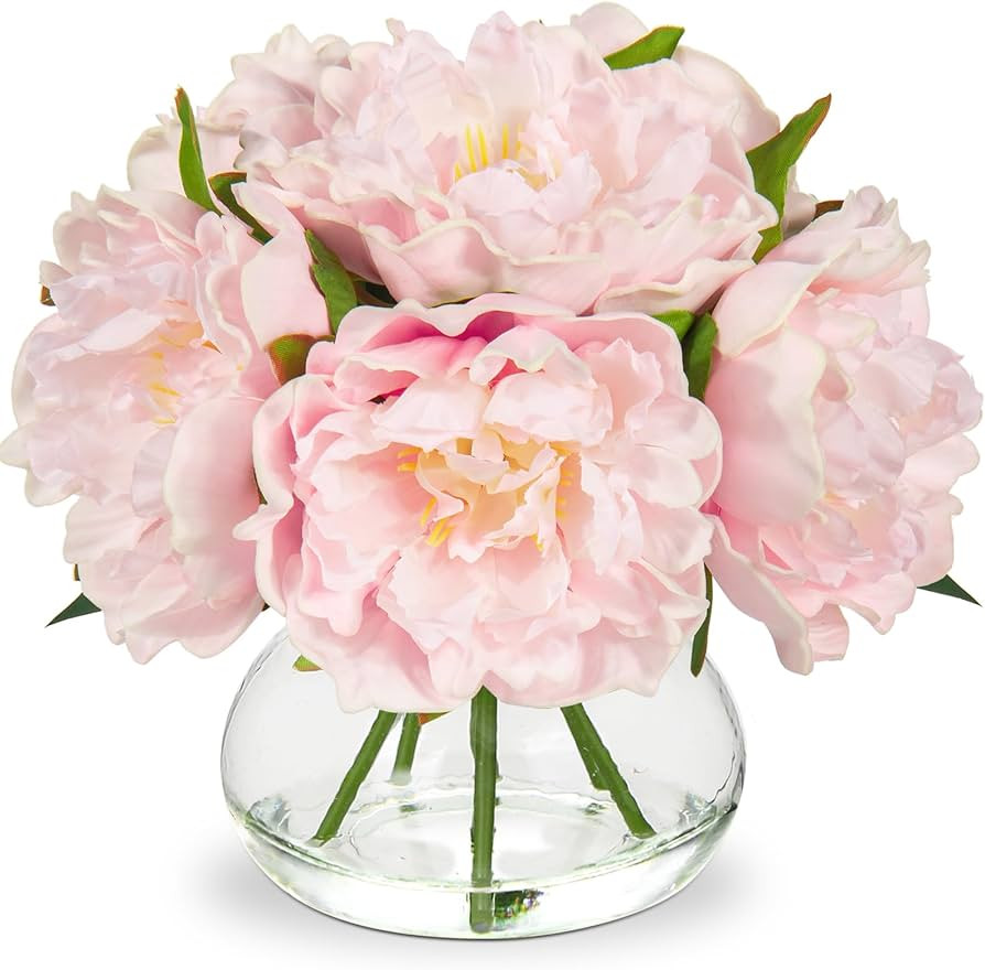 Hollyone Pink Peonies Artificial Flowers with Vase Faux Flowers Peony Fake Flowers Silk Flower Ar... | Amazon (US)
