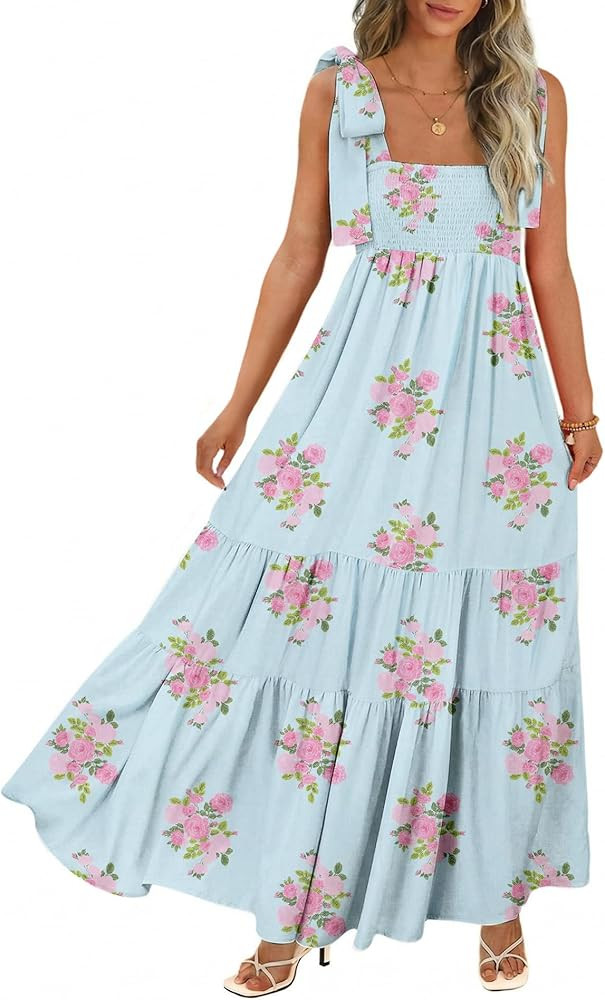 CURBODO Women's Summer Maxi Dress Boho Spaghetti Straps Casual Long A-line Smocked Beach Dress Sq... | Amazon (US)