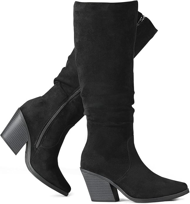 Putu Women's Pointed Toe Knee High Boots Faux Suede Stacked Chunky Heel Boots Side Zipper Slouchy... | Amazon (US)