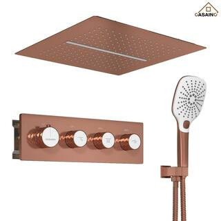 5-Spray Patterns 16-inch Square Ceiling Mount Fixed and Handheld Shower Head 2.5 GPM Thermostatic in Brushed Rose Gold | The Home Depot