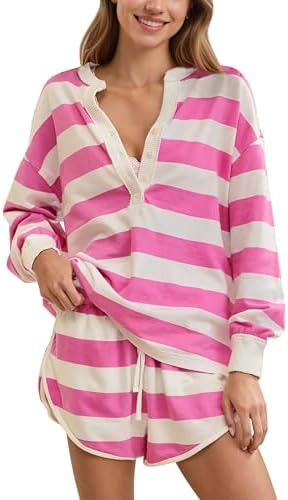 Livtany Women's Striped Matching Workout Set Oversized Henley Shirts and Drawstring Shorts with P... | Amazon (US)