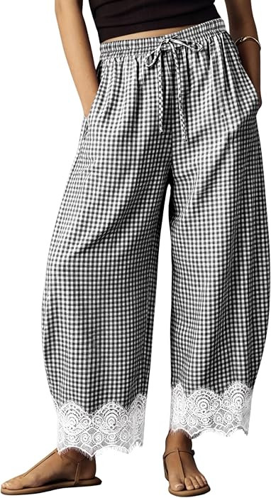Womens Lace Trim Gingham Barrel Pants Wide Leg Elastic Drawstring Waist Lounge Pants Plaid Trousers with Pockets | Amazon (US)