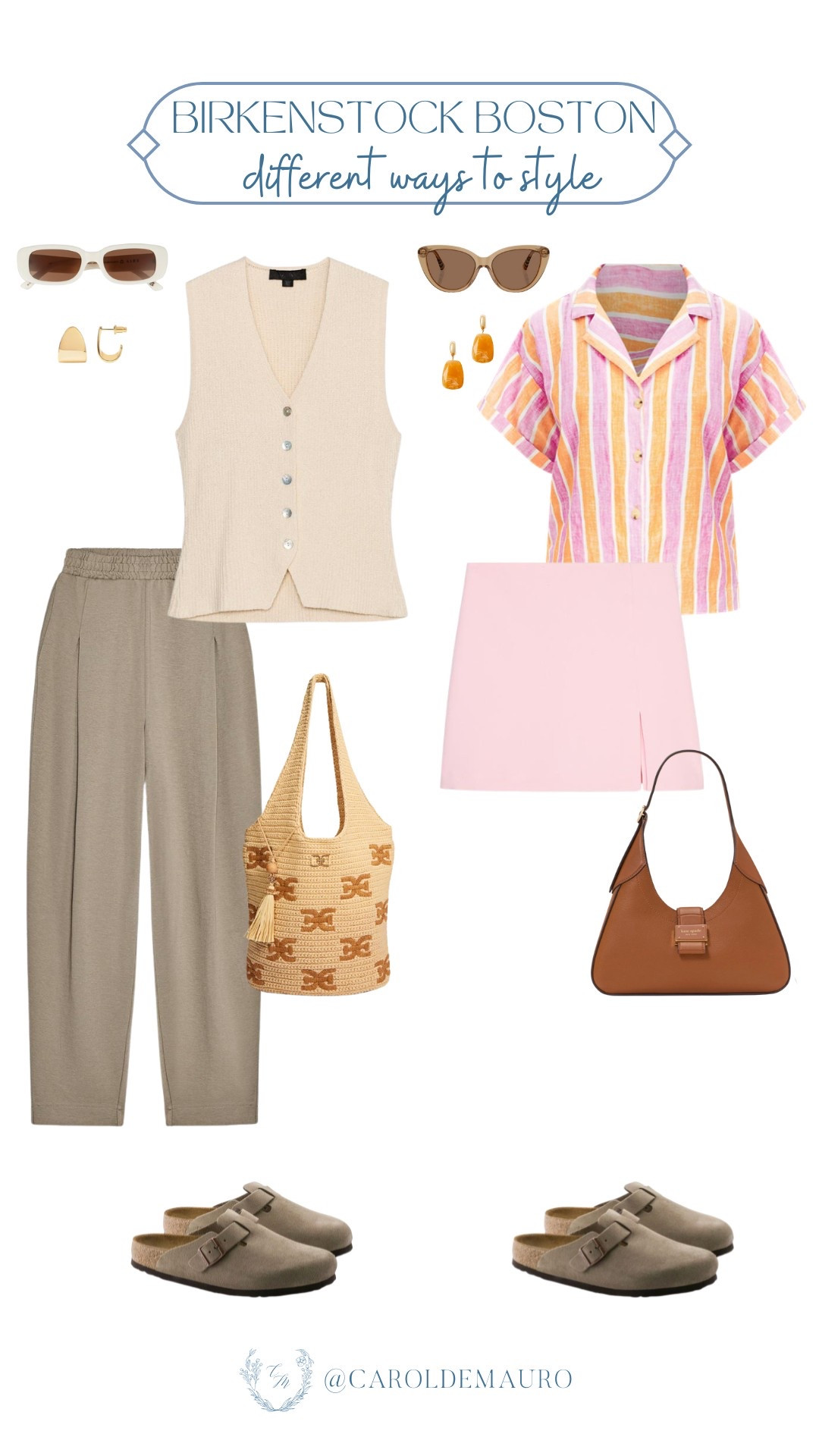 Who knew your Birkenstock Boston clogs could be so versatile? I've put together two distinct looks: a polished cream vest top and taupe wide-leg pants combo, and a fun, relaxed striped shirt and pink mini skirt pairing. Which styling suits your summer mood?
#summersandals #oldmoneylook #fashionaccessories #outfitinspo

#LTKSeasonal #LTKU #LTKStyleTip