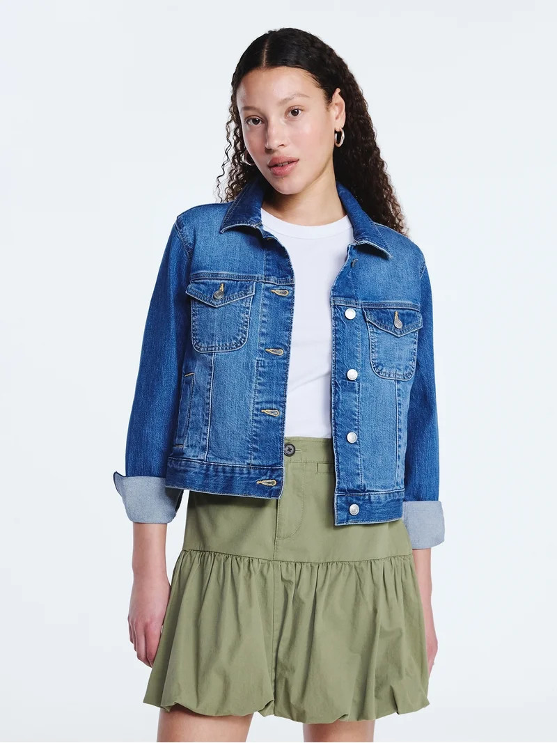 Free Assembly Women's Cropped Denim Jacket with Long Sleeves, Sizes XS-XXL | Walmart (US)