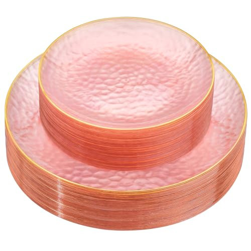 Rubtlamp 60Pcs Pink Plastic Plates,Clear Pink Plates With Gold Rim,Hammered Gold Plates Include 30Pink Plastic Dessert Platos, 30Gold Dinner Platos For Party | Amazon (US)