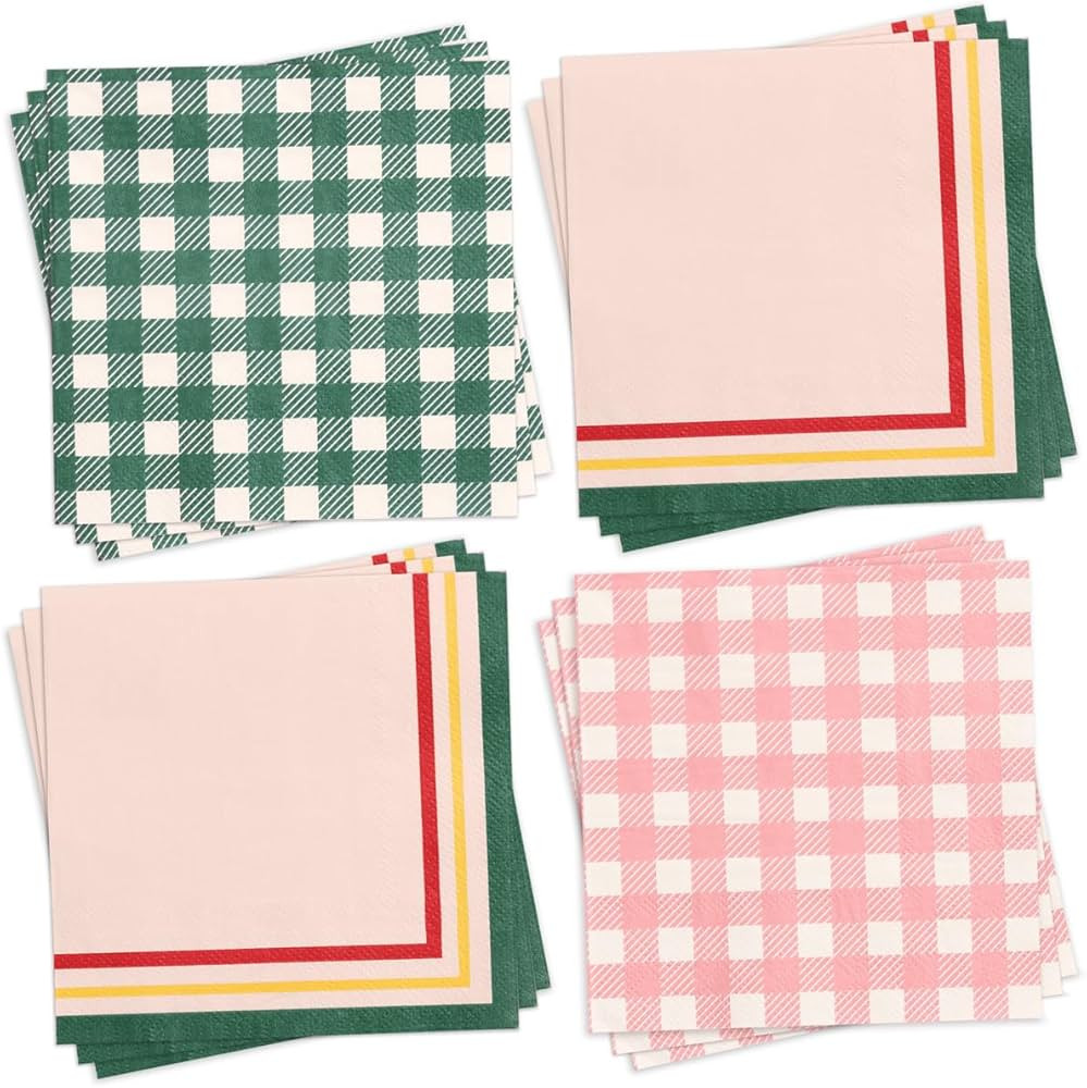 xo, Fetti Gingham Camp Napkins - 3-ply, 24 pcs | Green Cocktail Napkins, Pink Dinner Party Settin... | Amazon (US)