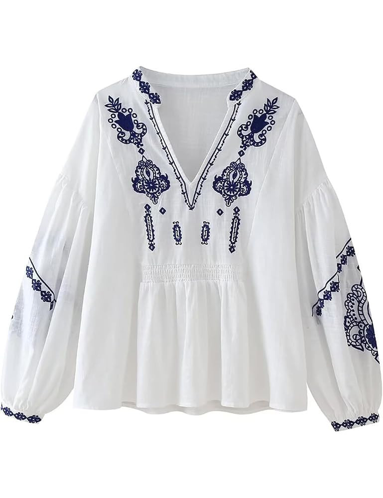 Womens Embroidered Shirt Long Sleeve Peasant Blouse Lantern Sleeve Boho Tops V Neck Loose Lightwe... | Amazon (US)