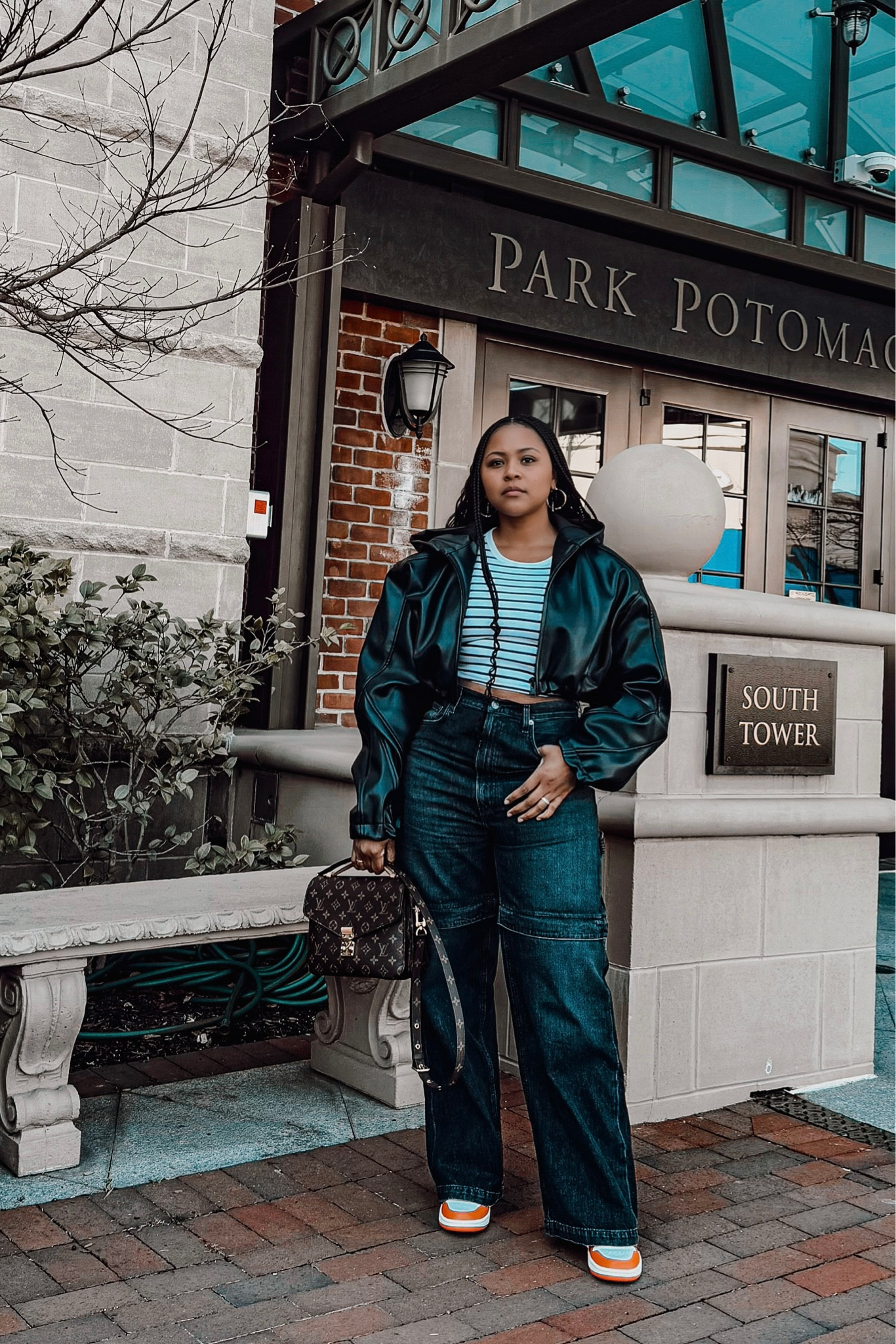 Easy Casual Friday Outfit  Straight cut jeans, a crop top, black crop leather jacket, Louis Vuitton pochette metis and starfish Jordans. 

#LTKstyletip #LTKmidsize #LTKSpringSale