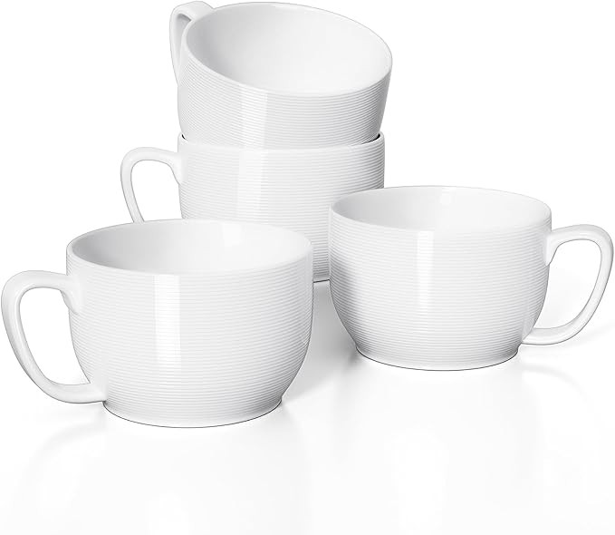 Teocera Soup Mugs with Handles, White Coffee Mugs Set of 4, Large Soup Cups - Striped Design - 24... | Amazon (US)