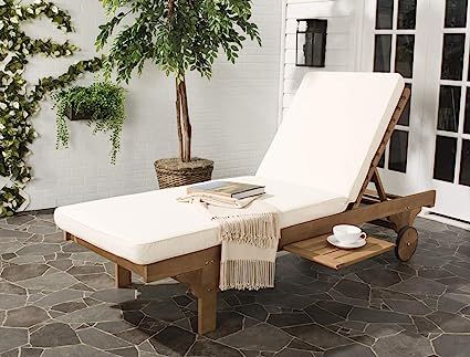 SAFAVIEH Outdoor Collection Newport Natural/ Beige Cushion Built-in Side Table Adjustable Chaise ... | Amazon (US)