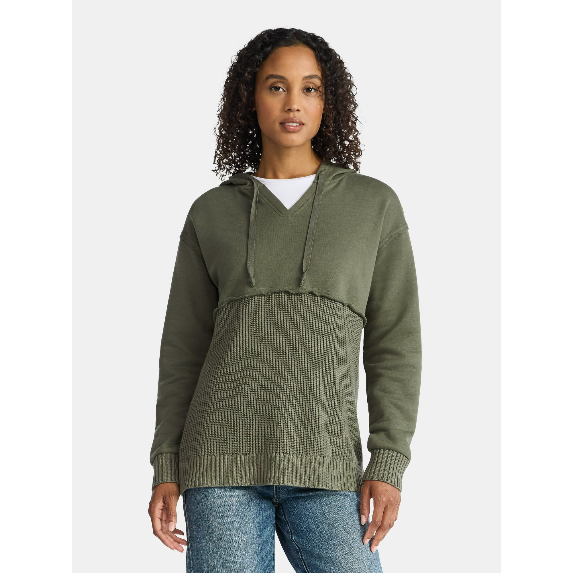Time and Tru Women's and Women's Plus Fashion Mixed Media Hoodie, Sizes XS-4X | Walmart (US)
