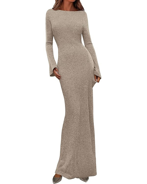 PRETTYGARDEN Women's Fall Fashion 2025 Long Sleeve Maxi Dress Ribbed Knit Boat Neck Bodycon Casua... | Amazon (US)
