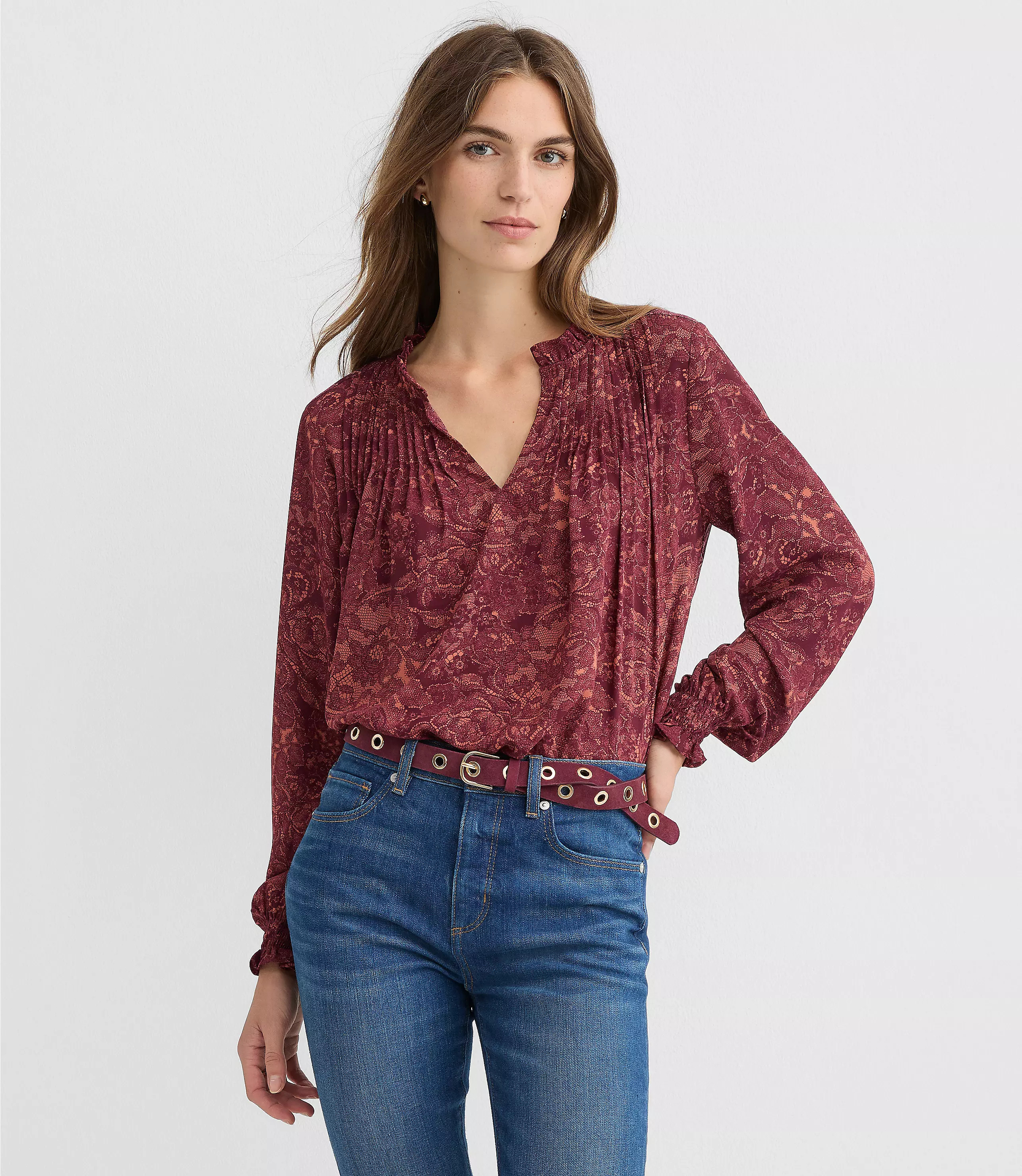 Lace Print Pintucked Ruffle Mixed Media Blouse | LOFT