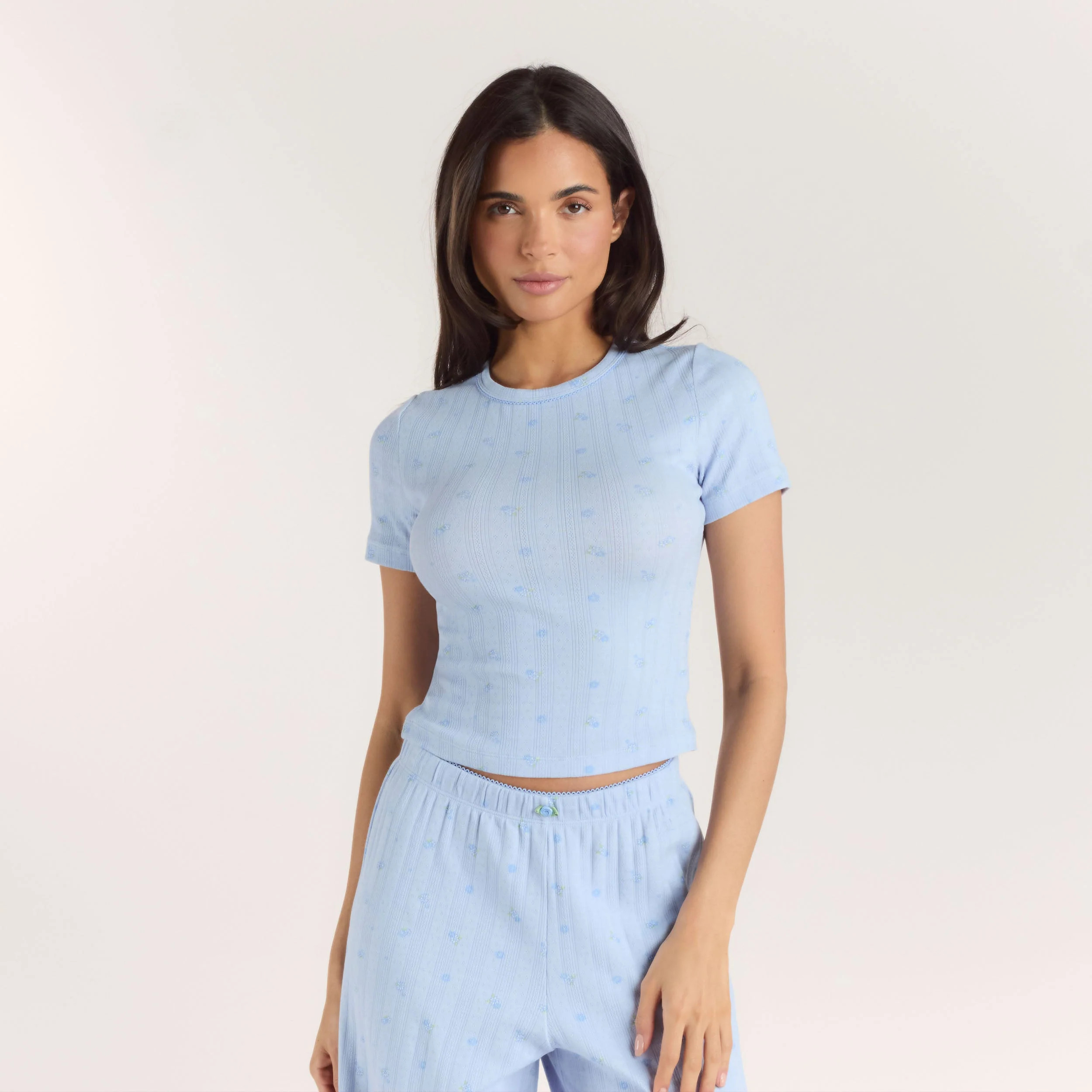 Pointelle Fitted Pyjama Top - Blue Floral | Lounge (UK)