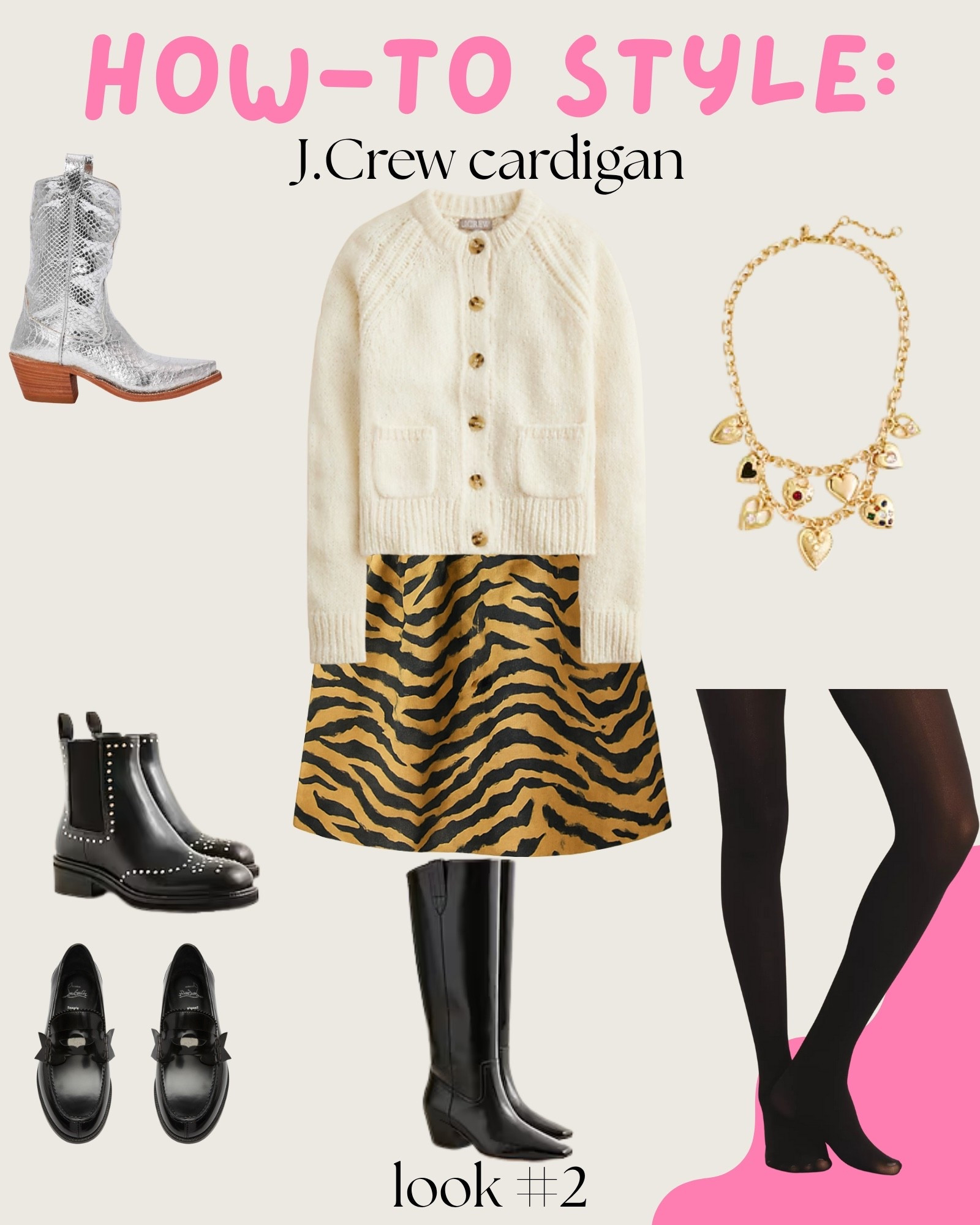 My how-to guide for styling the popular J.Crew Cardigan 🤍 — Look #2

A classic knit meets a bold tiger-print dress ✨

Paired with tall boots and black tights, this look is a chic winter favorite.

Style formula:
• Textured knit
• Bold print 
• Tall riding boot
• Tights for polish

#LTKSaleAlert #LTKShoeCrush #LTKFindsUnder100