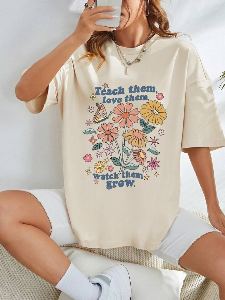 SHEIN EZwear Floral & Slogan Graphic Drop Shoulder Tee | SHEIN