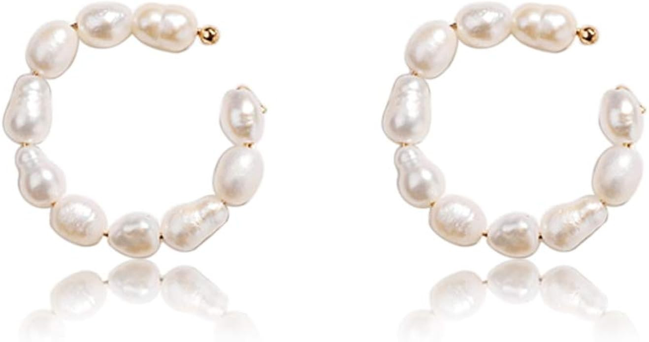 RareLove 1 Pair 15mm Faux Pearl Hoop Huggie Earrings Gold Ear Cuff No Piercing Need | Amazon (US)