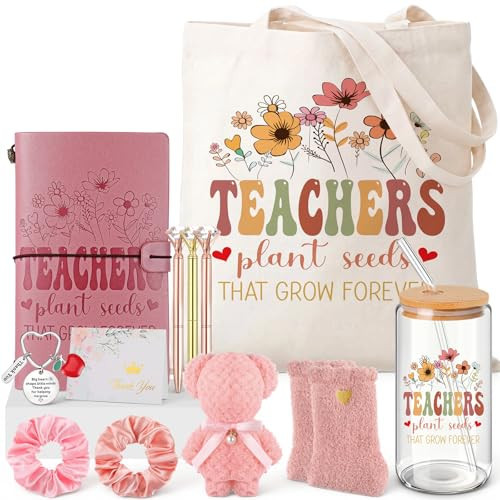 Colarr 12 Pcs Teacher Appreciation Gifts for Women Pink Thank You Basket Gifts Box for Teacher's Day 16oz Glass Cup with Straw and Lid Canvas Bag Notebook Ballpoint Pens Keychain Card and Towel Set | Amazon (US)