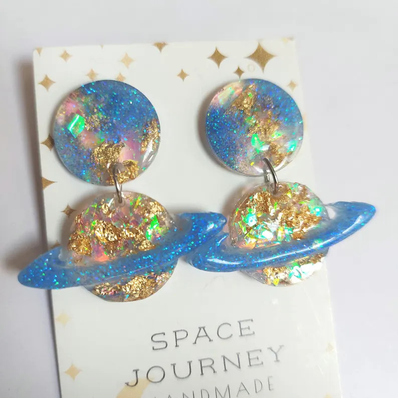 Saturn Earrings Planet Space Stud Earrings | Galaxy Iridescent Glitter | Lightweight Colourful Je... | Etsy (US)