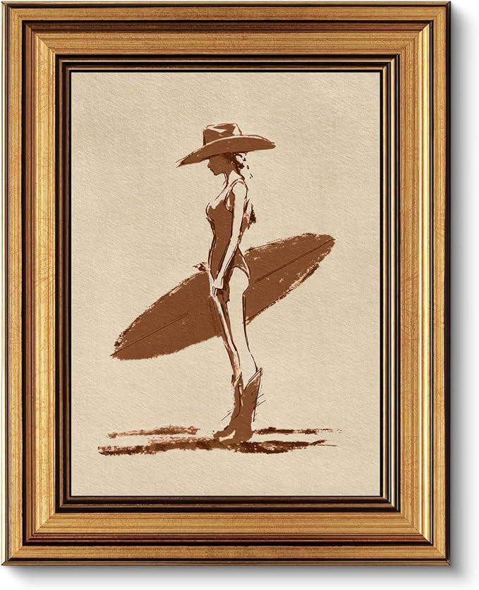 Gold Framed Wall Art, Coastal Cowgirl Surfer Girl Canvas Prints – Vintage Western Surfboard Ske... | Amazon (US)