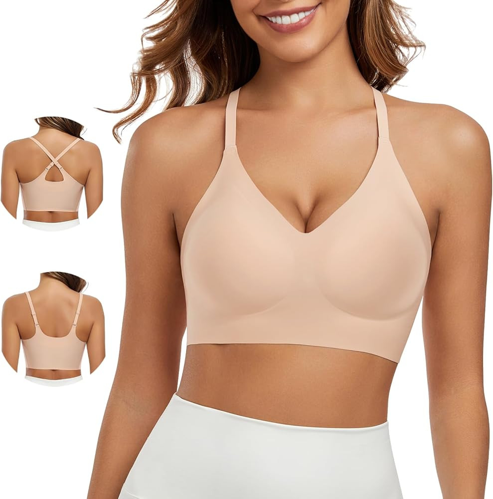 Comfortable Seamless Wireless Bra Cross Back Pull on Bras V Neck Cami Bralette with Support Sport... | Amazon (US)