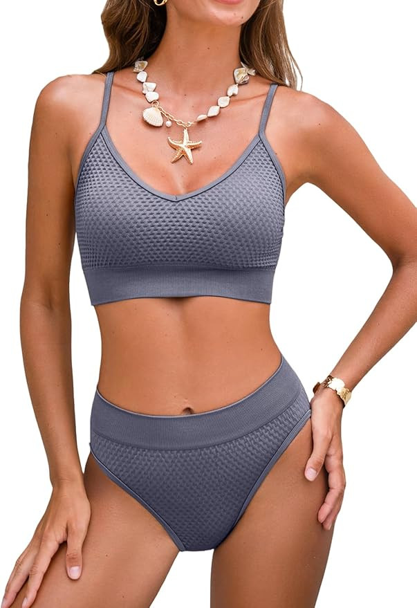 CUPSHE Women's Bikini Sets Two Piece Swimsuit Sporty Mid Rise Scoop Neck Adjustable Spaghetti Str... | Amazon (US)