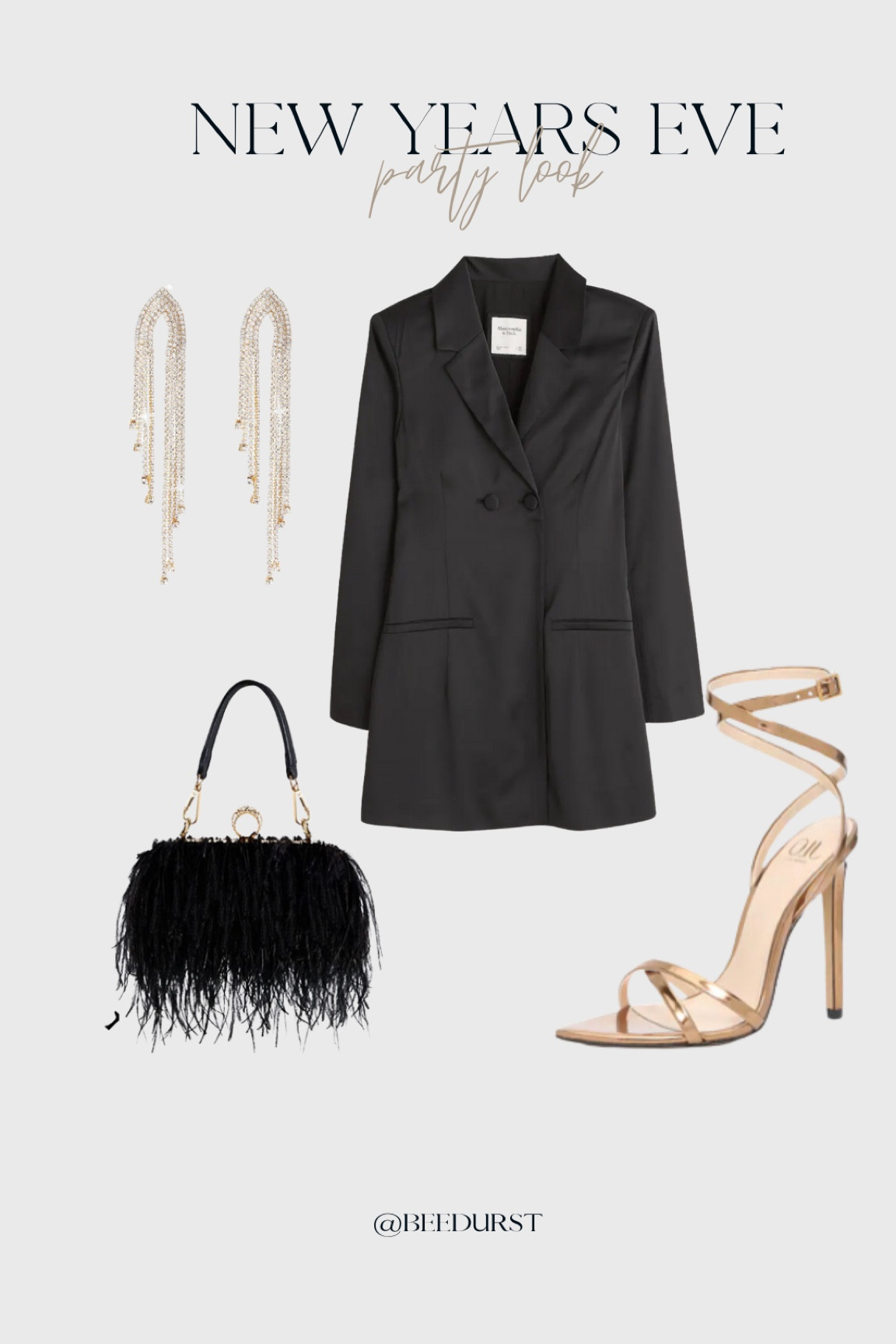 The most chic New Years Eve outfit! Sleek black dress, gold strap-y heels, black fringe purse, long gold earrings. 

#LTKstyletip #LTKSeasonal #LTKHoliday