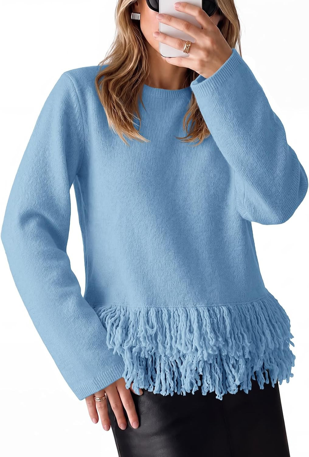 Saodimallsu Womens Fringe Sweater 2026 Fall Crew Neck Boho Pullover Tops | Amazon (US)