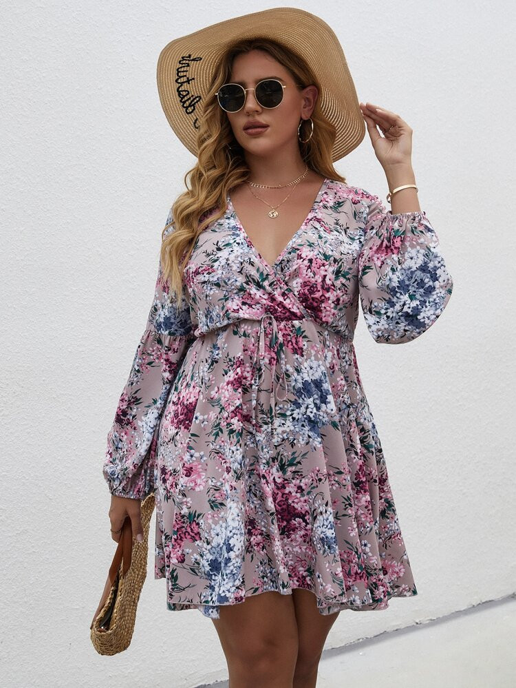Plus Floral Print Surplice Neck Lantern Sleeve Dress | SHEIN