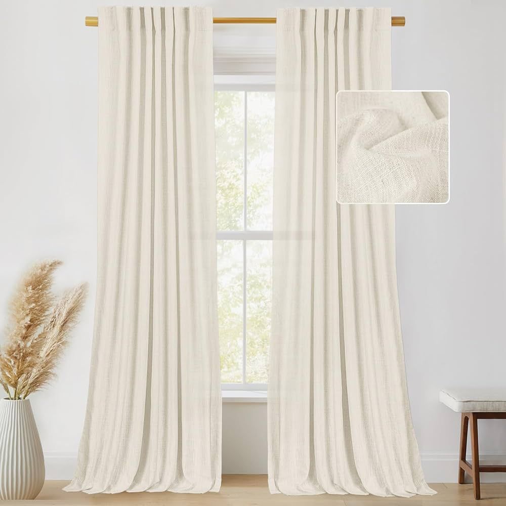 INOVADAY Back Tab Linen Curtains 96 Inch Length 2 Panels Set, Light Filtering Semi Sheer Farmhous... | Amazon (US)
