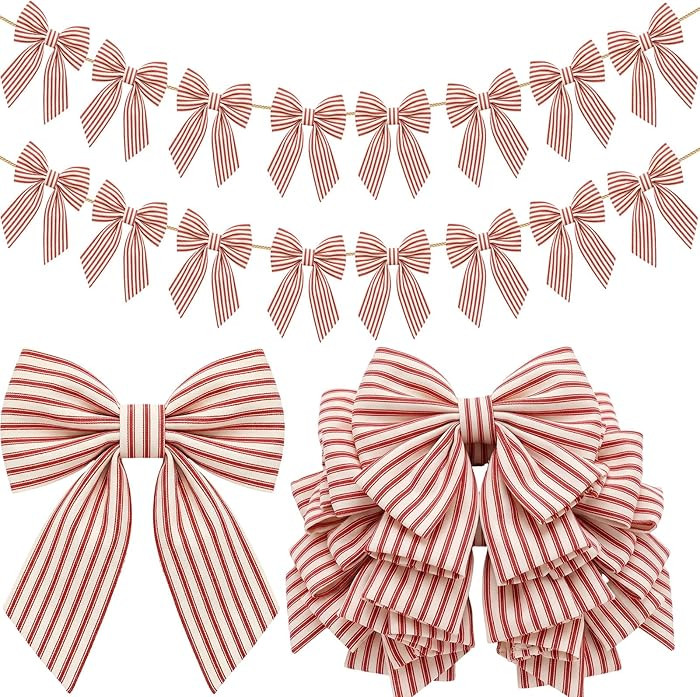 8 ft Red Striped Bow Garland Decorations Red Fabric Bow Banner Hanging Banner for Mantel Wall Dec... | Amazon (US)