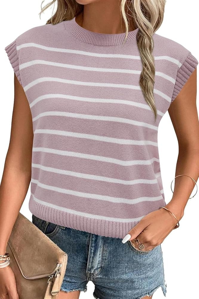 Arach&Cloz Womens Summer 2024 Sweater Vest Cap Sleeve Crew Neck Striped Fashion Casual Sleeveless... | Amazon (US)