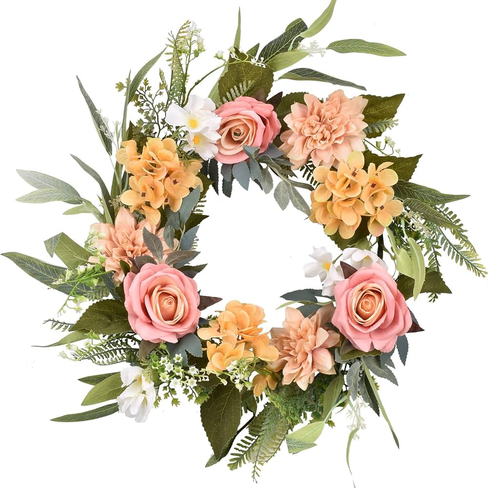 Spring Wreath for Front Door 16-18 Inch, Artificial Summer Green Hydrangeas Wreaths with Pink Yel... | Amazon (US)