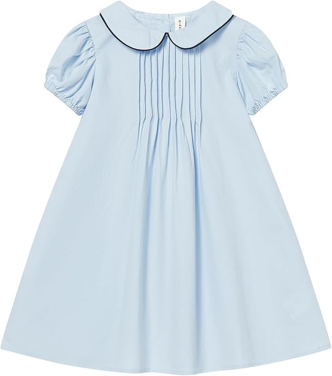 Mud Kingdom Girl Peter Pan Collar Dress Short Puff Sleeve School Uniform Summer Casual | Amazon (US)