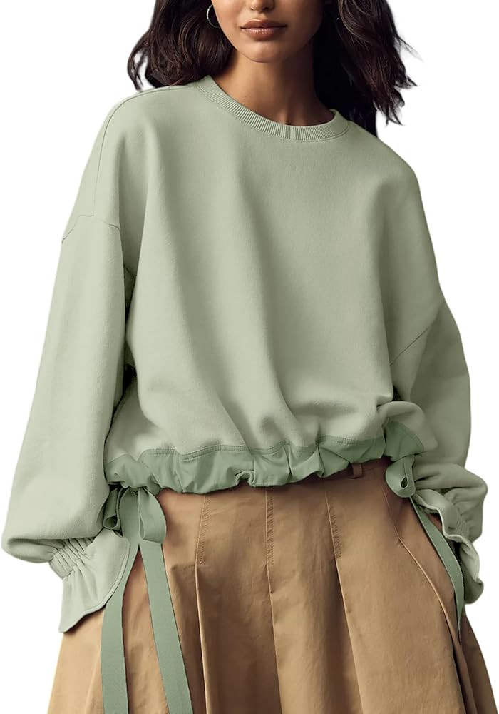 Women's Long Puff Sleeve Sweatshirt Drawstring Hem Crewneck Pullover Loose Solid Casual Tops | Amazon (US)
