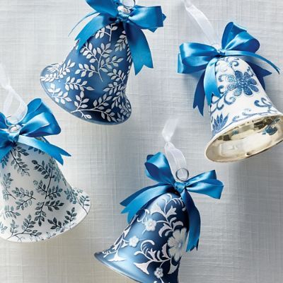 Blue and White Bell Accent Ornaments, Set of Four | Frontgate