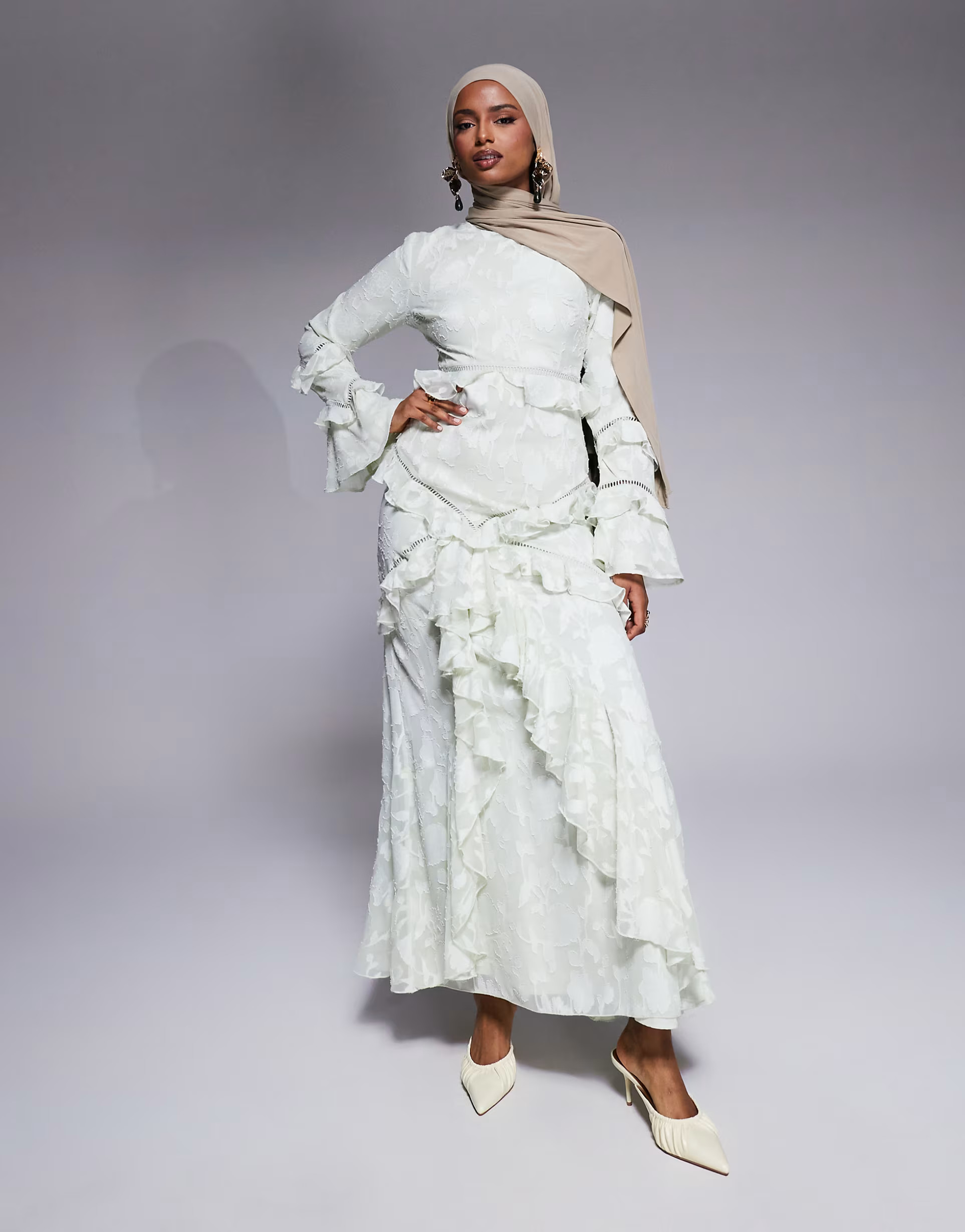 ASOS DESIGN jacquard ruffle long sleeve maxi dress in sage green | ASOS | ASOS (Global)